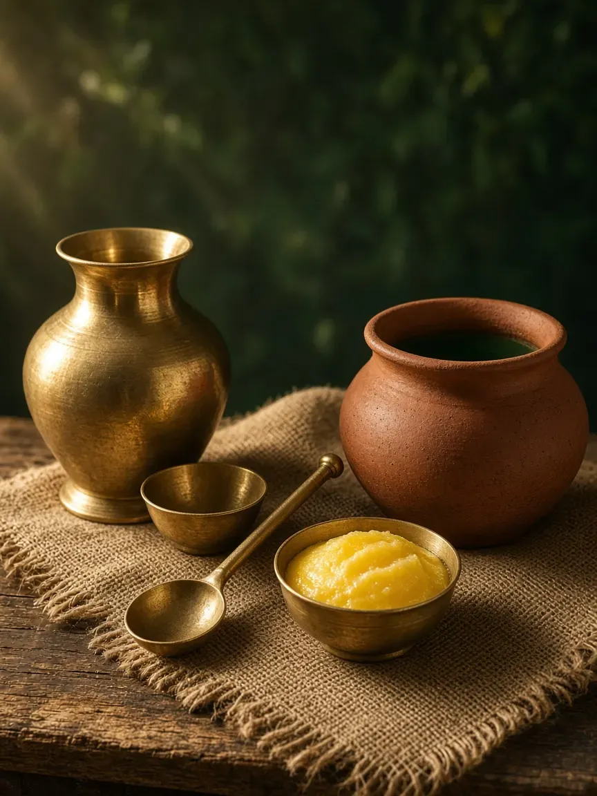 Brass utensils still life (illustrative)