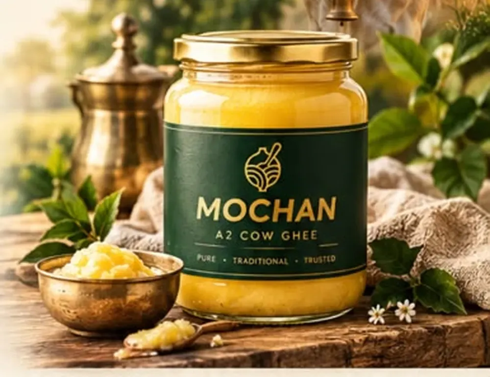 Mochan jar and a brass bowl of ghee (launch flyer)
