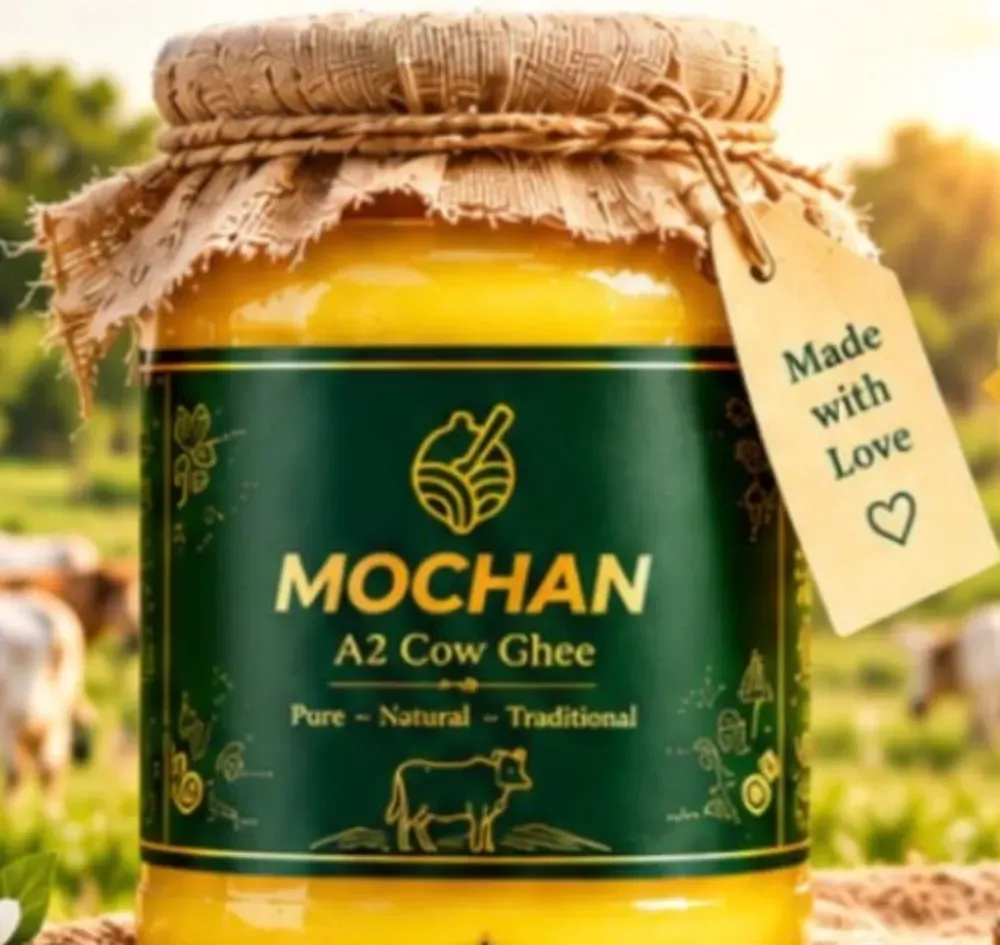 Mochan A2 Cow Ghee jar with a burlap lid and a Made with Love tag, against a meadow with cows (client visual)