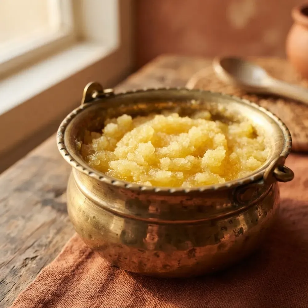 Granular golden ghee in a brass pot (mochanghee.in)