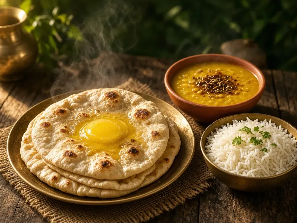 A warm phulka topped with a spoon of golden ghee, with dal and rice (illustrative image)
